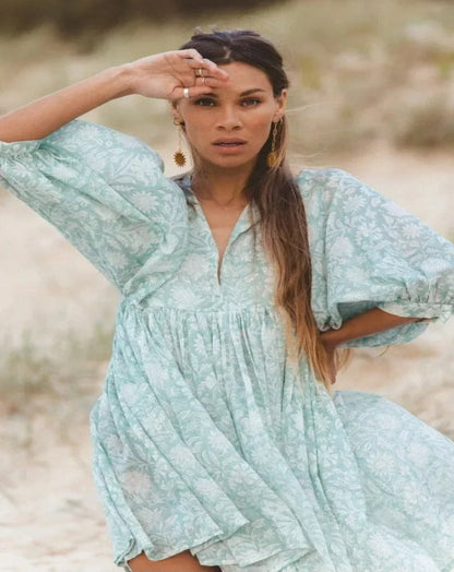 Botanical Block Print Tie-Neck Balloon Sleeve Empire Waist Midi Dress
