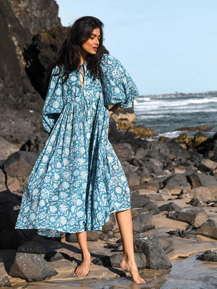 Botanical Block Print Tie-Neck Balloon Sleeve Empire Waist Midi Dress