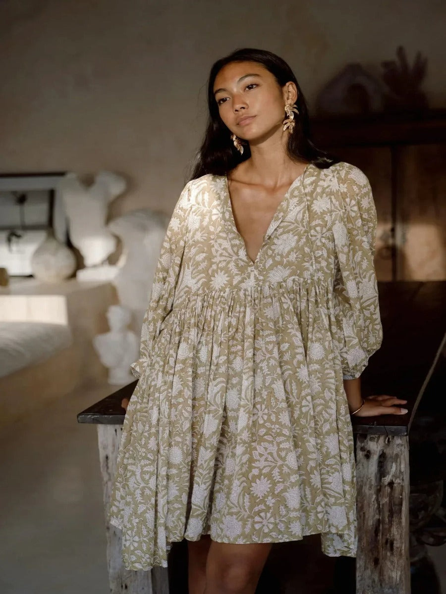 Botanical Block Print Tie-Neck Balloon Sleeve Empire Waist Midi Dress