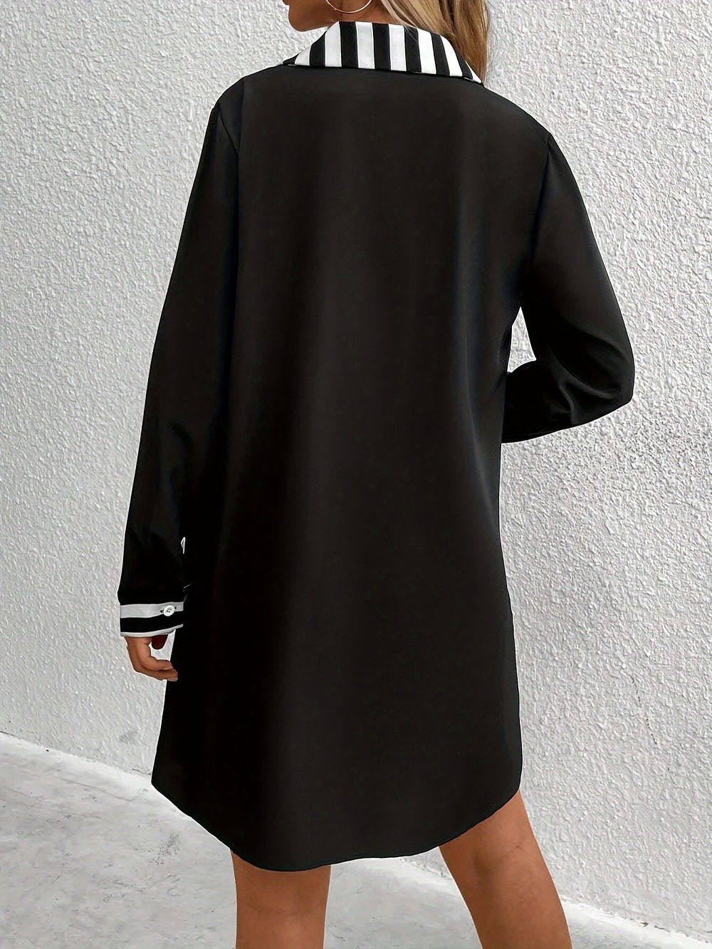 Long Sleeve Pointed Collar Striped Trim V-Neck Shift Mini Dress