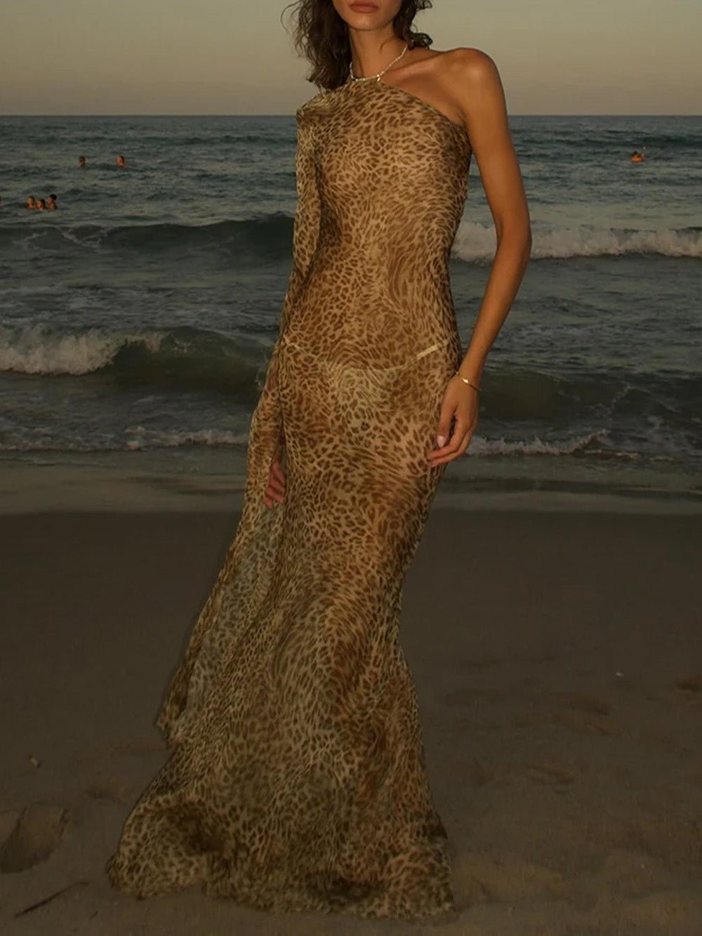 Print One-Shoulder Long Sleeve Bodycon Maxi Dress