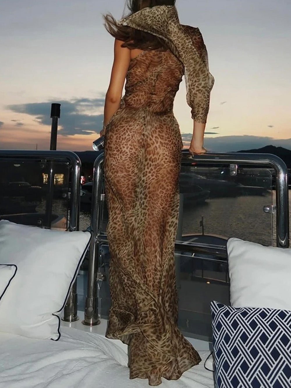Print One-Shoulder Long Sleeve Bodycon Maxi Dress