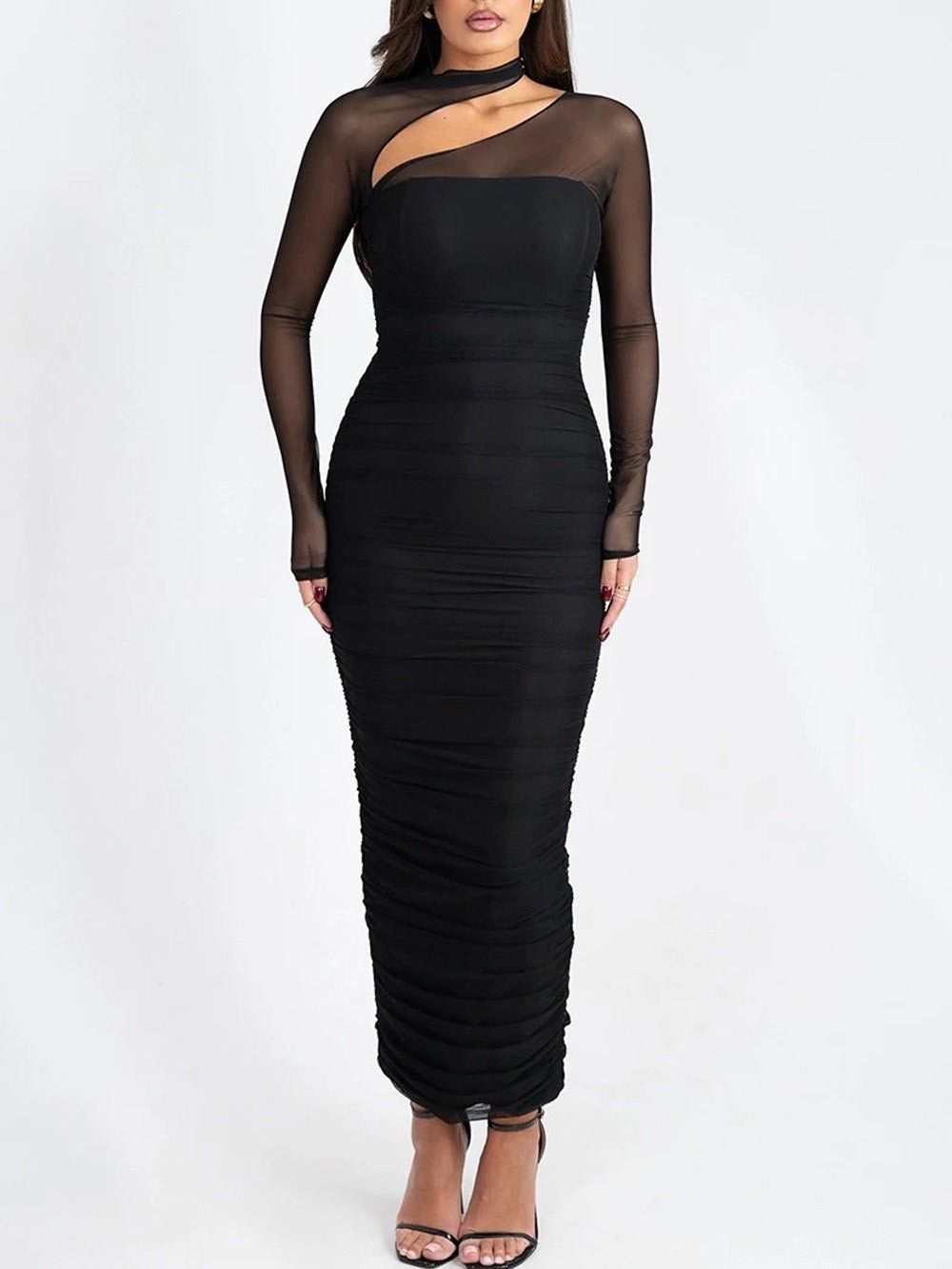 Mesh Long Sleeve Mock Neck Diagonal Cutout Ruched Bodycon Maxi Dress