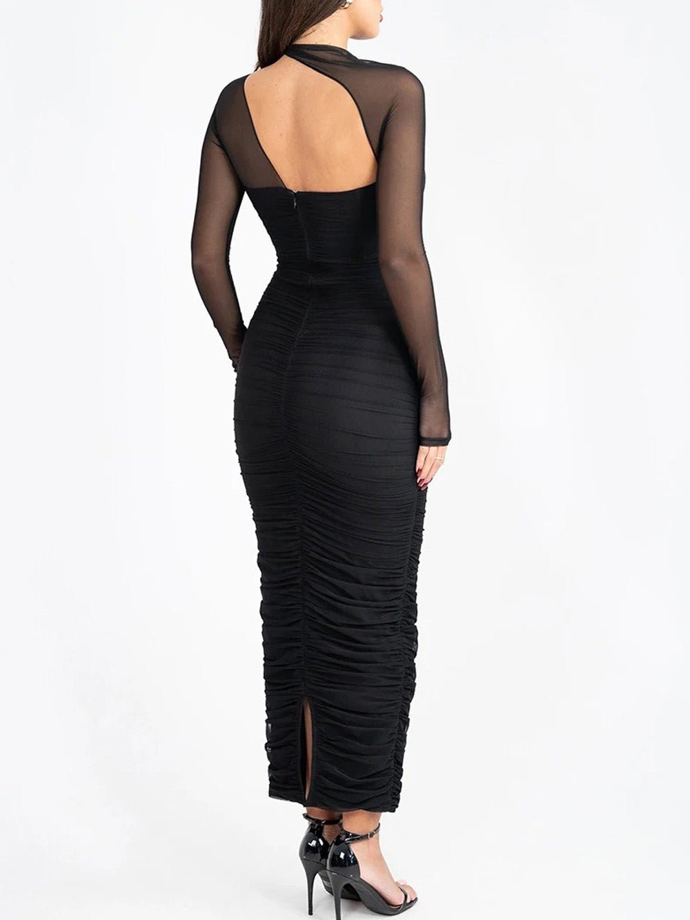 Mesh Long Sleeve Mock Neck Diagonal Cutout Ruched Bodycon Maxi Dress