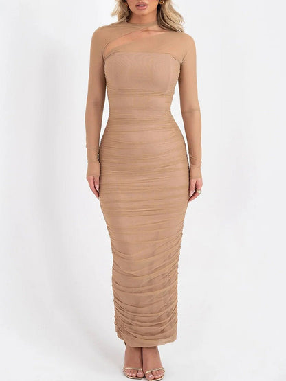 Mesh Long Sleeve Mock Neck Diagonal Cutout Ruched Bodycon Maxi Dress