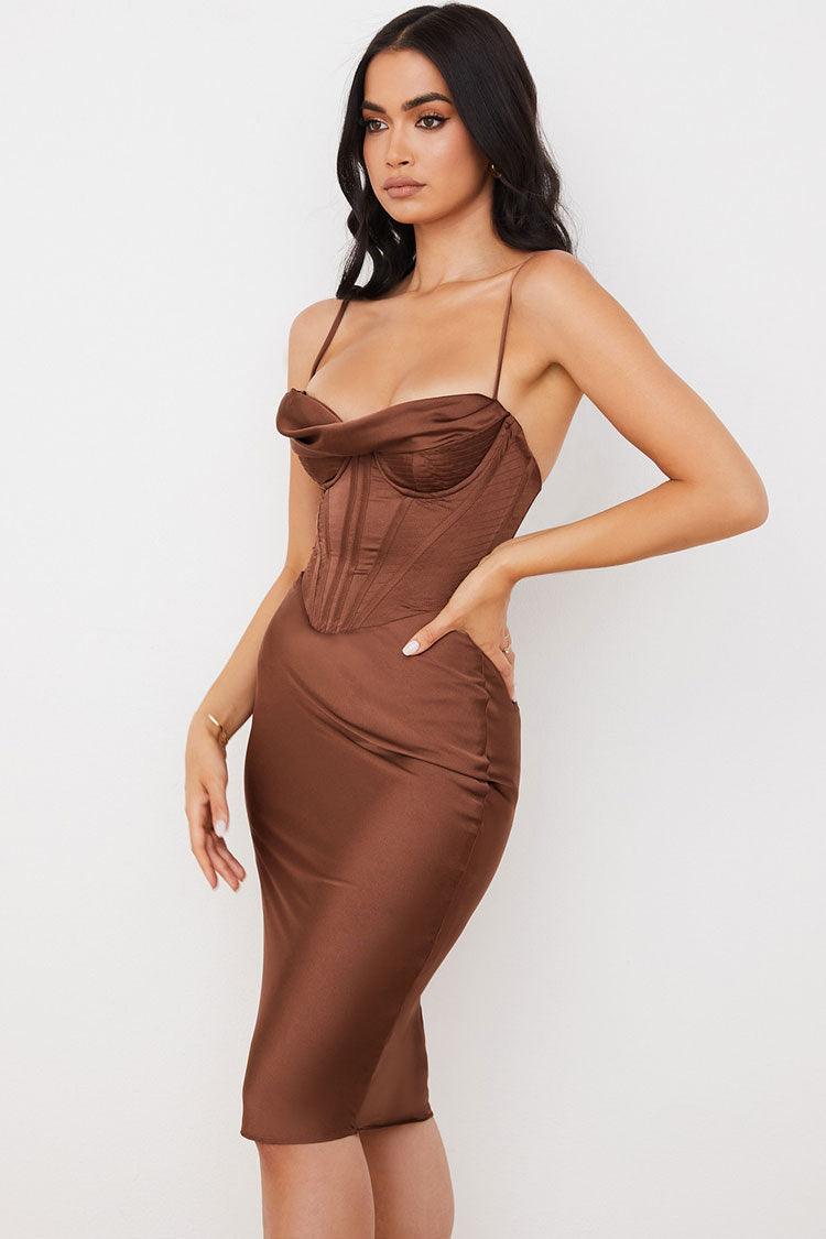 Satin Corset Cowl Neck Spaghetti Strap Bodycon Midi Dress