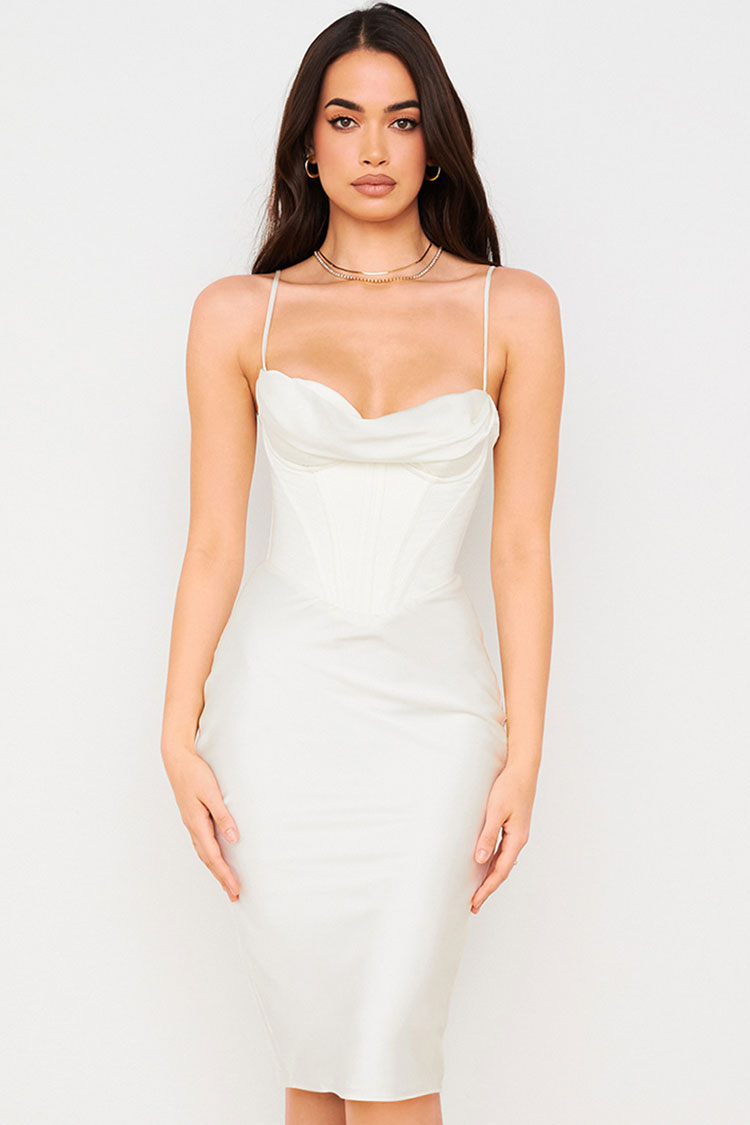 Satin Corset Cowl Neck Spaghetti Strap Bodycon Midi Dress