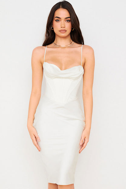 Satin Corset Cowl Neck Spaghetti Strap Bodycon Midi Dress