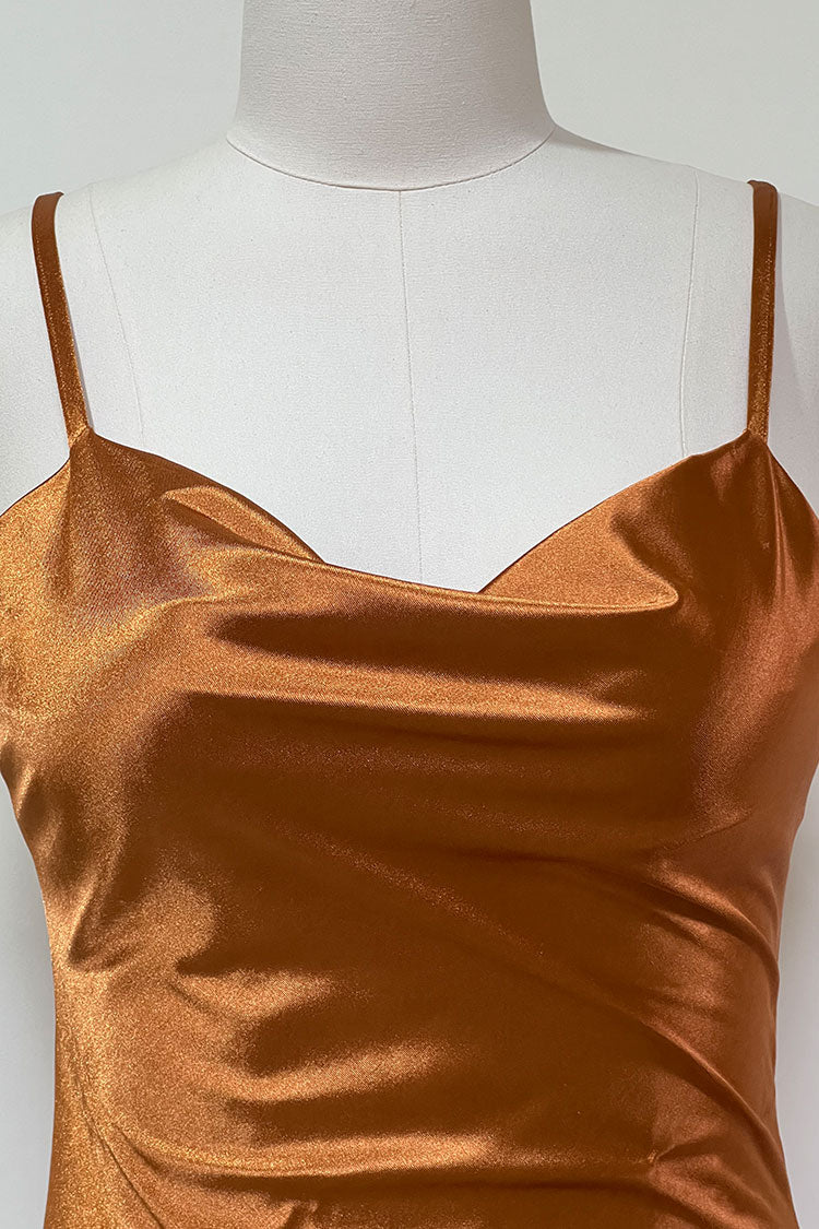 Satin Cowl Neck Spaghetti Strap Side Slit Slip Midi Dress