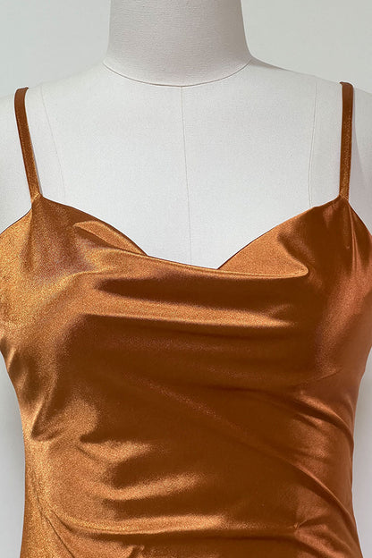Satin Cowl Neck Spaghetti Strap Side Slit Slip Midi Dress