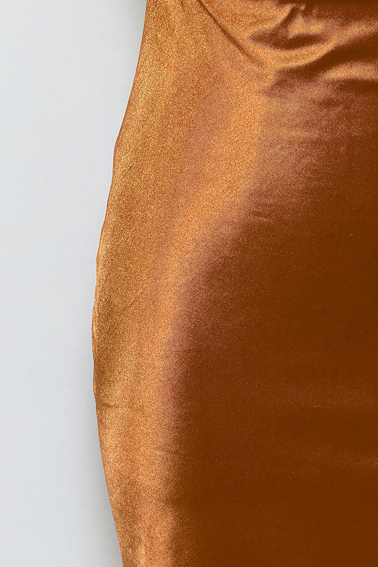 Satin Cowl Neck Spaghetti Strap Side Slit Slip Midi Dress