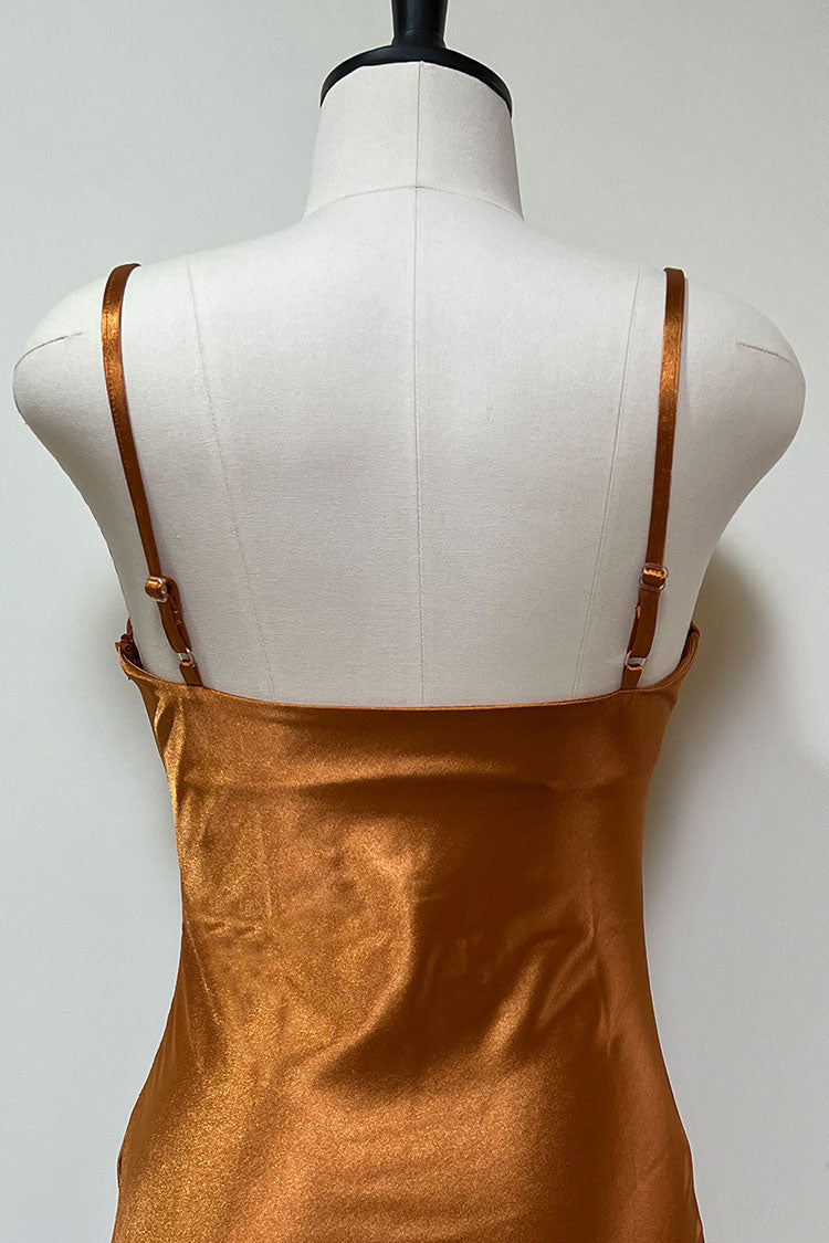 Satin Cowl Neck Spaghetti Strap Side Slit Slip Midi Dress