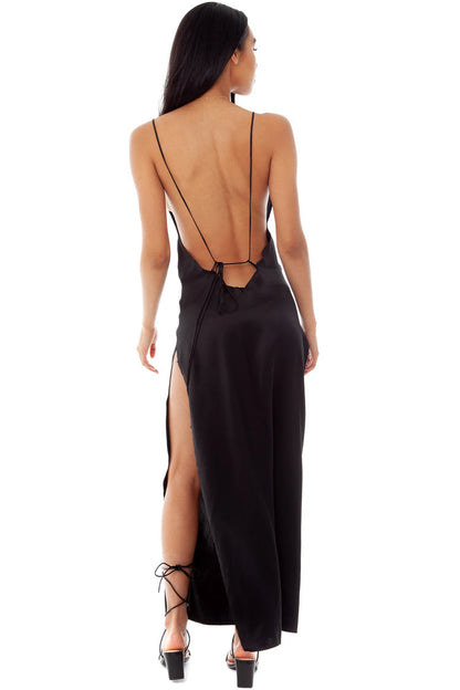 Deep V-Neck Backless Satin High Slit Maxi Dress