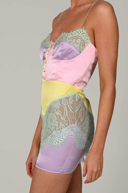 Satin Lace Panel Bustier Sweetheart Button-Front Slip Mini Dress