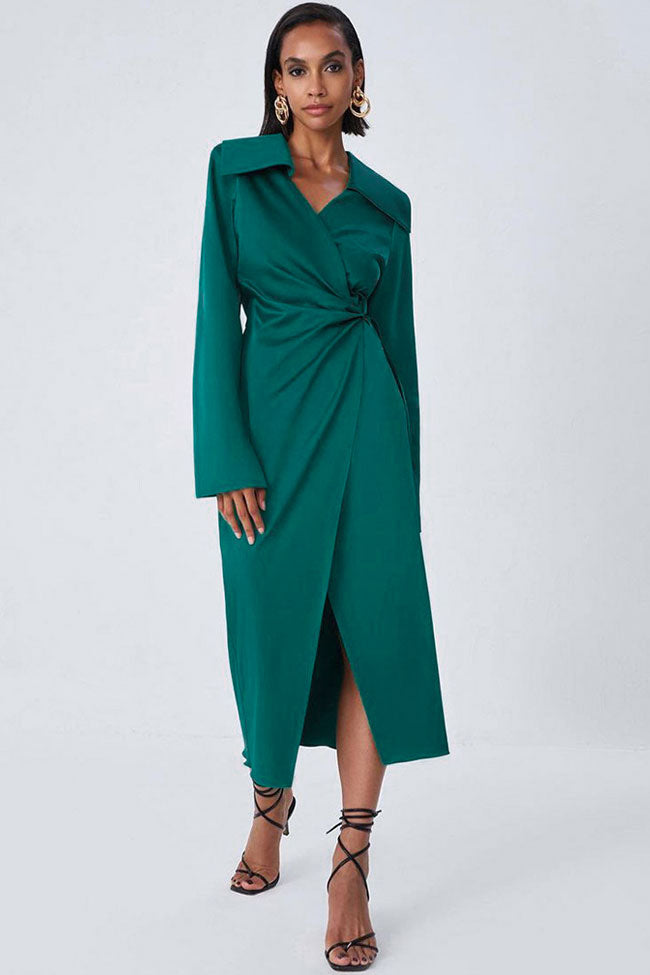 Satin Long Sleeve Asymmetric Collar Twist Waist Wrap Midi Dress