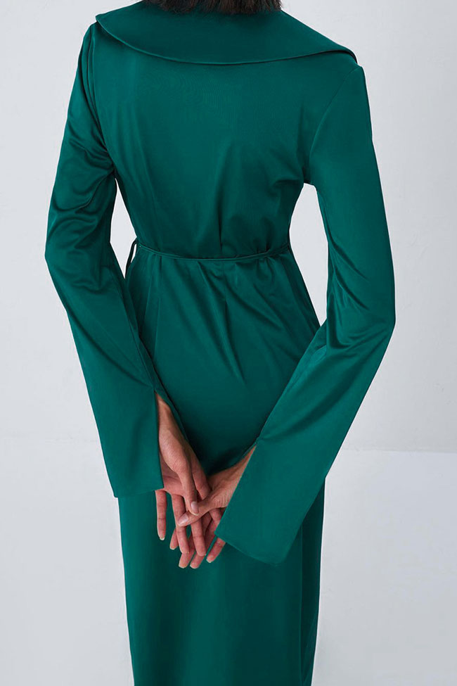 Satin Long Sleeve Asymmetric Collar Twist Waist Wrap Midi Dress