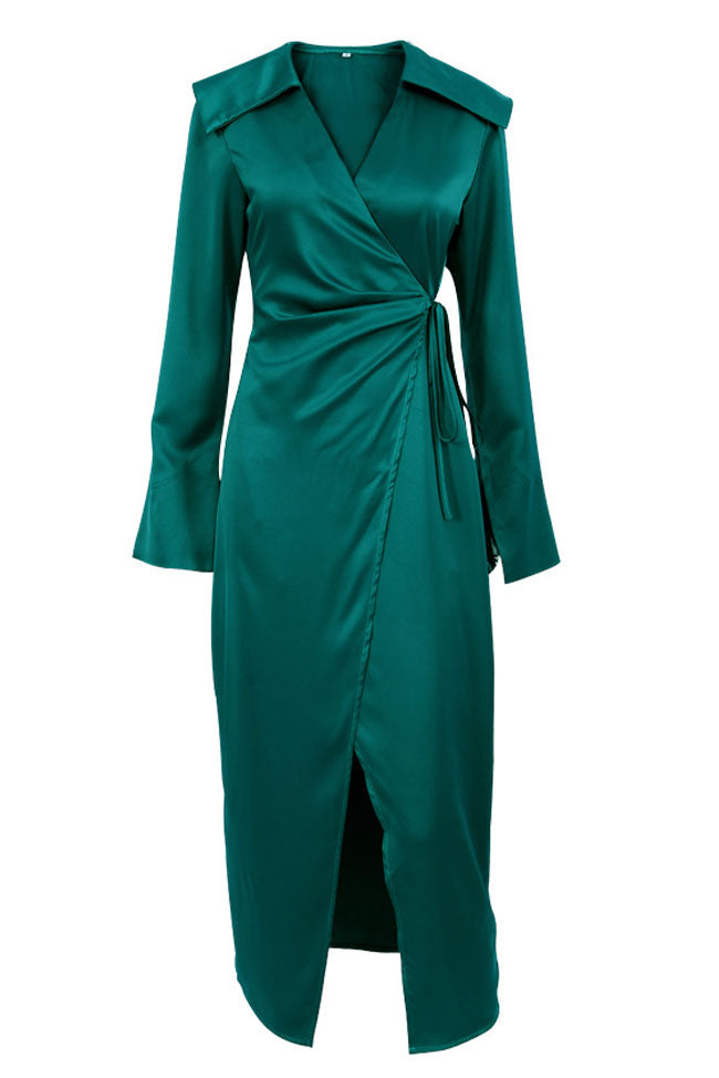 Satin Long Sleeve Asymmetric Collar Twist Waist Wrap Midi Dress
