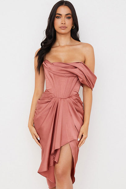 Off Shoulder Asymmetric Corset Bodice Ruched Draped Satin Midi Dress