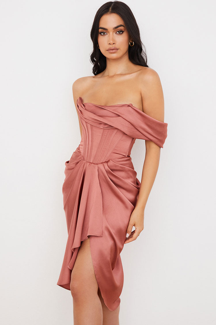 Off Shoulder Asymmetric Corset Bodice Ruched Draped Satin Midi Dress