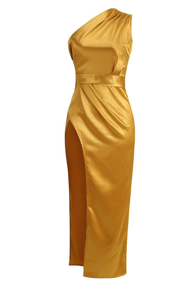 Satin One-Shoulder Ruched Pleated Waist High Slit Midi Dress