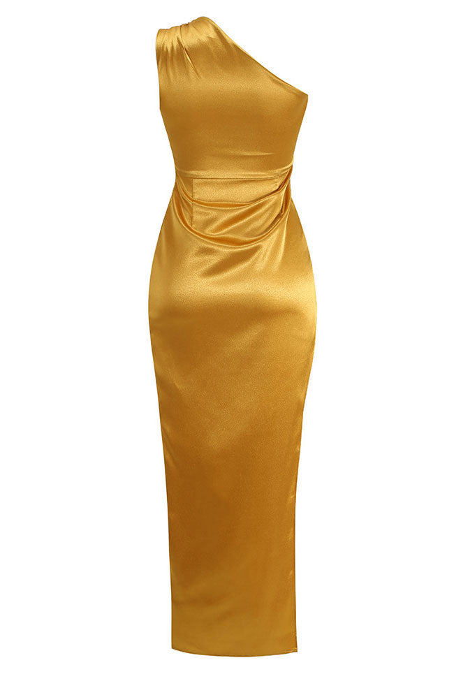 Satin One-Shoulder Ruched Pleated Waist High Slit Midi Dress