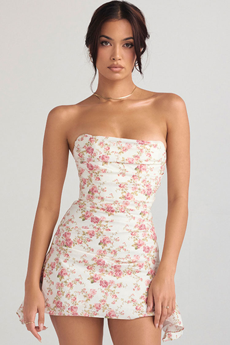 Floral Print Strapless Ruched Bodice Bodycon Mini Dress