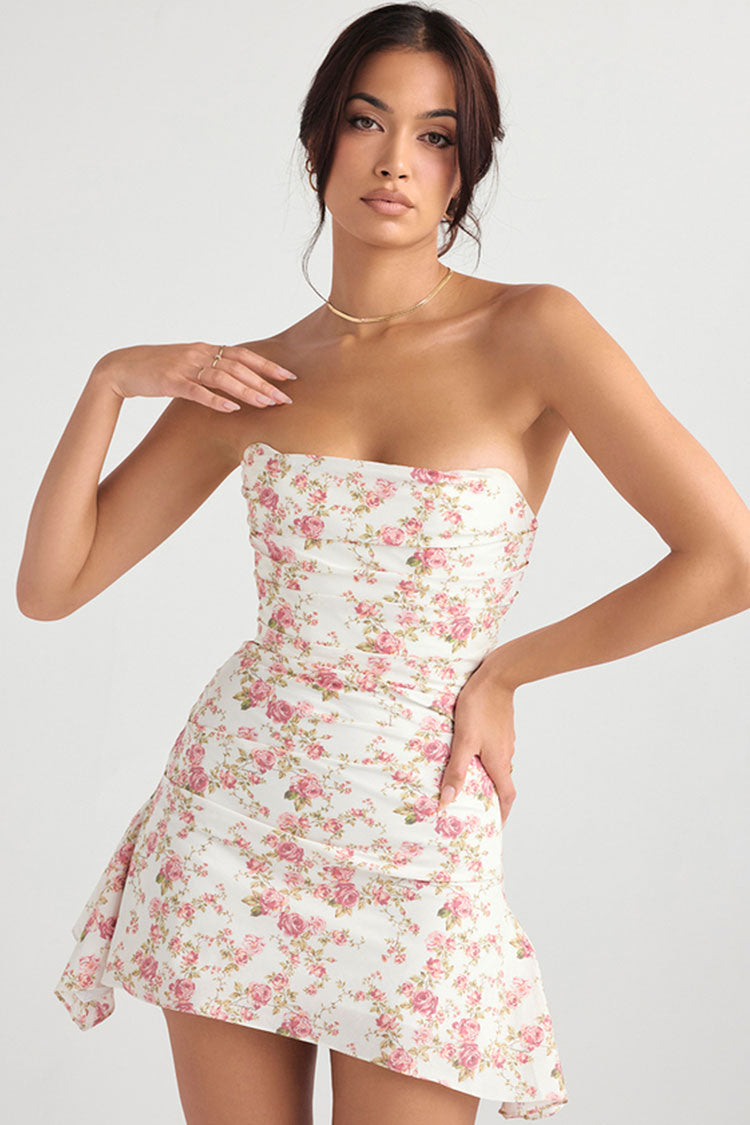 Floral Print Strapless Ruched Bodice Bodycon Mini Dress