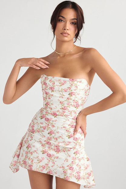 Floral Print Strapless Ruched Bodice Bodycon Mini Dress