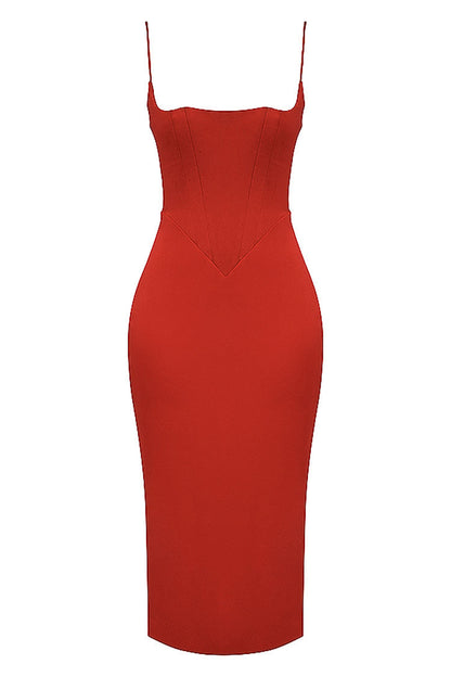 Satin Square Neck Spaghetti Strap Bustier Bodycon Midi Dress