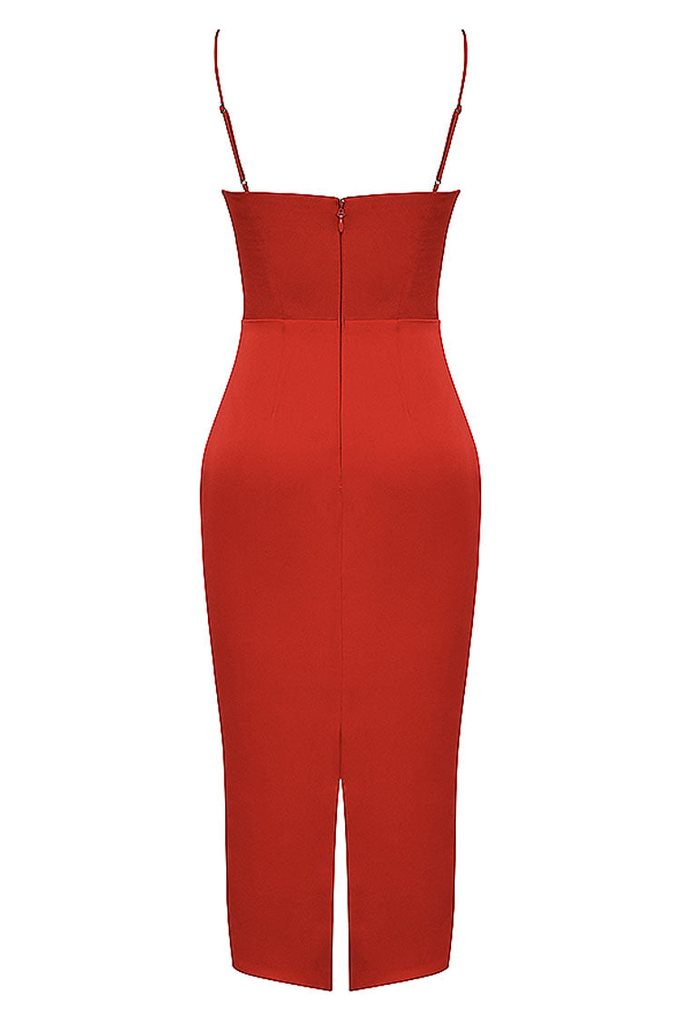 Satin Square Neck Spaghetti Strap Bustier Bodycon Midi Dress