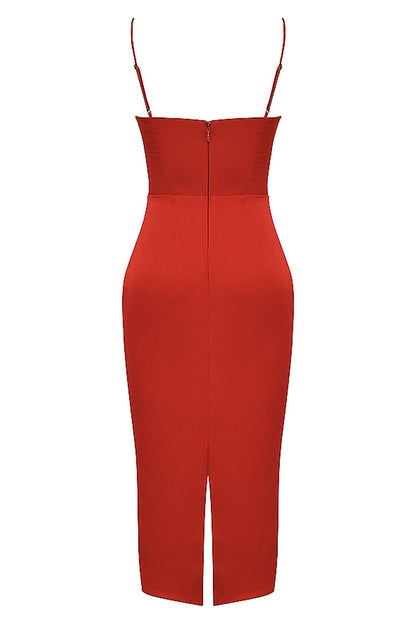 Satin Square Neck Spaghetti Strap Bustier Bodycon Midi Dress