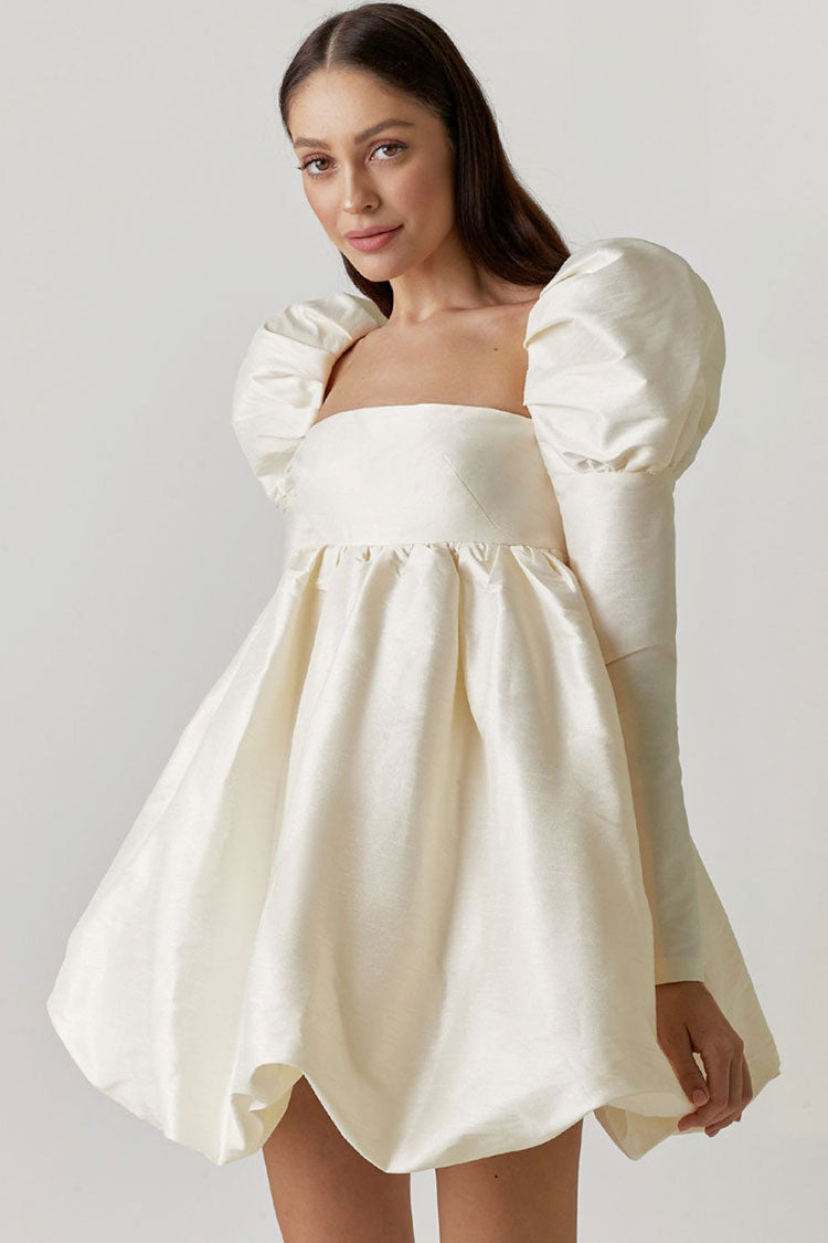 Square Neck Puff Sleeve Empire Waist Bubble Hem Babydoll Mini Dress