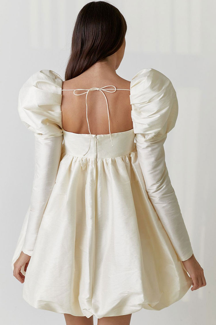 Square Neck Puff Sleeve Empire Waist Bubble Hem Babydoll Mini Dress