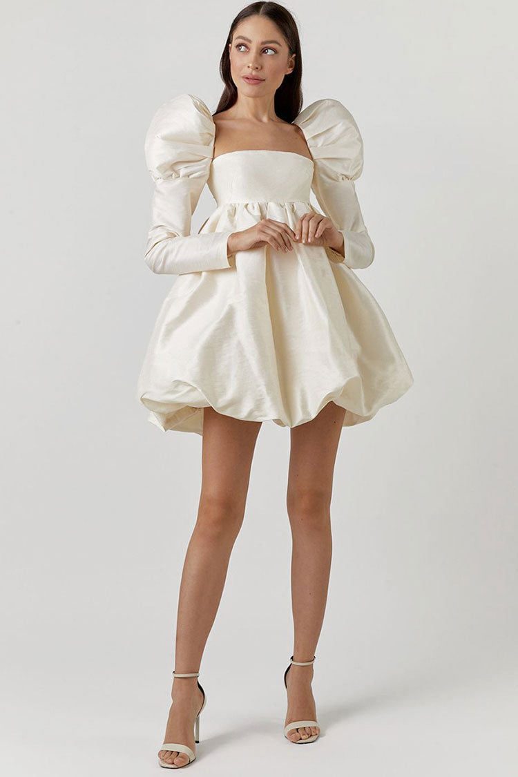 Square Neck Puff Sleeve Empire Waist Bubble Hem Babydoll Mini Dress