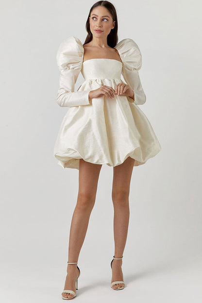 Square Neck Puff Sleeve Empire Waist Bubble Hem Babydoll Mini Dress