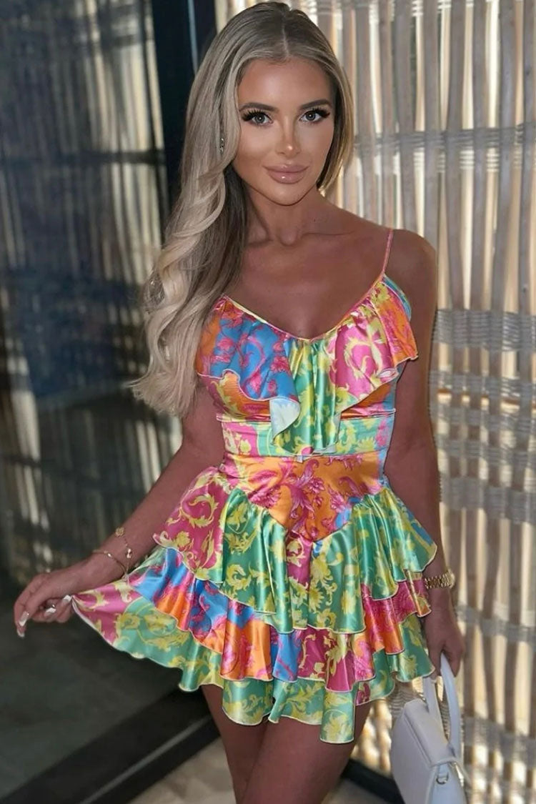 Satin Baroque Print Patchwork V-Neck Tiered Ruffle Mini Dress