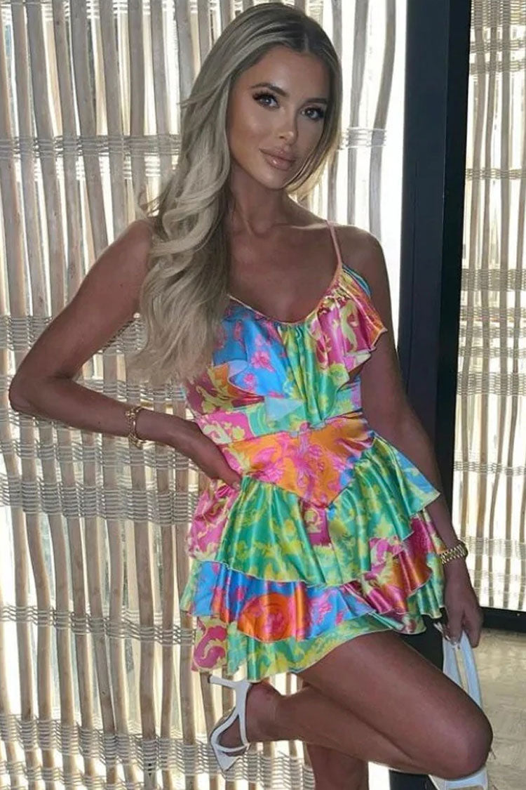 Satin Baroque Print Patchwork V-Neck Tiered Ruffle Mini Dress