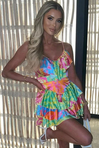 Satin Baroque Print Patchwork V-Neck Tiered Ruffle Mini Dress