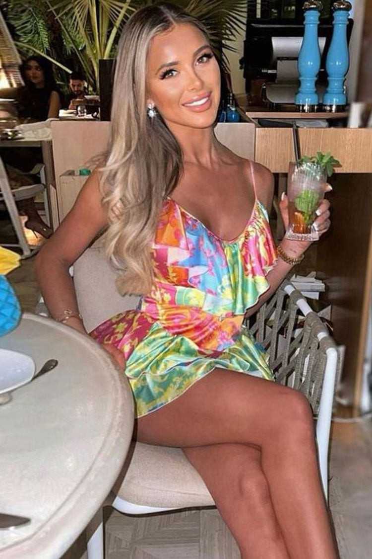 Satin Baroque Print Patchwork V-Neck Tiered Ruffle Mini Dress