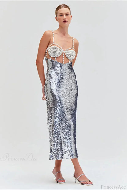 Silver Sequin Sexy Halter Backless Evening Dress