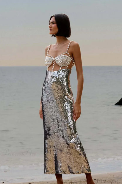 Silver Sequin Sexy Halter Backless Evening Dress
