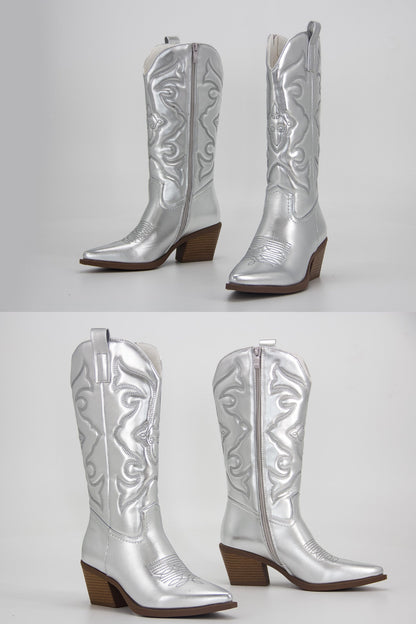 Pointed-toe Mid-calf Chunky Heel Cowboy Boots