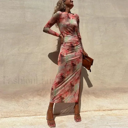 Skinny Mesh Long Sleeve Split Spring/Summer Print Slim Fit Elastic Maxi Dress
