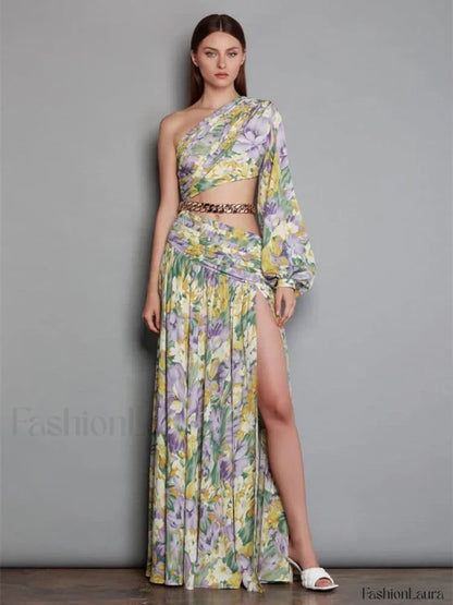 Slanted Chain Shoulder Floral Dress
