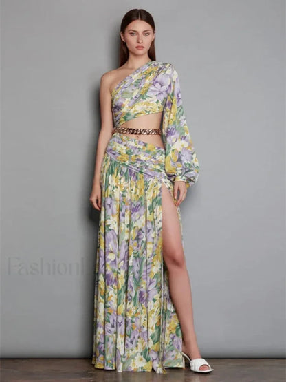 Slanted Chain Shoulder Floral Dress