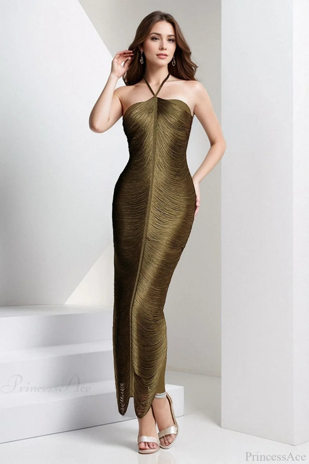 Sleeveless Halter Tassel Fitted Evening Dress