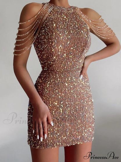 Sleeveless Off Shoulder Skinny High Waist Halter Chain Sequin Dress