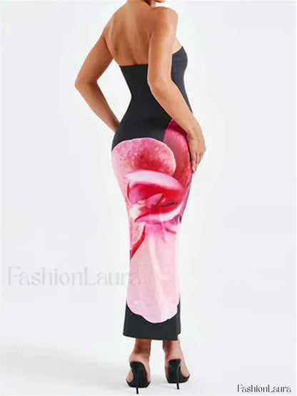 Sleeveless Strapless Bodycon Flower Print Midi Floral Dress