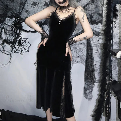 Sleeveless Velour Lace Patchwork Midi Dress