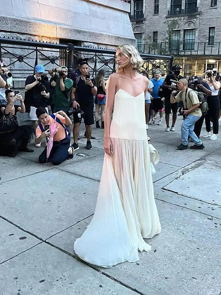 Ivory backless pleated maxi dress